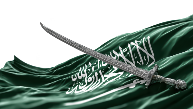 Green flag waving with silver sword, Arabic calligraphy