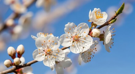 Fototapeta premium Delicate white cherry blossoms bloom on a branch under a clear blue sky