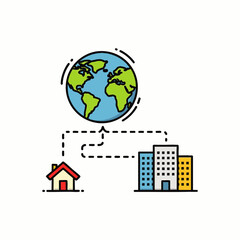 This vibrant illustration depicts the modern concept of global remote work, connecting home offices to international businesses and fostering worldwide collaboration.