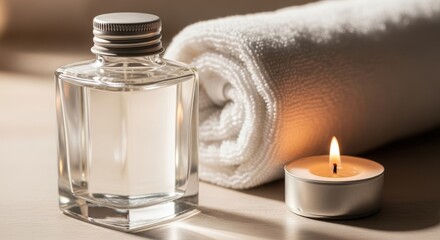 Spa scene with essential oil, towel and candle.
