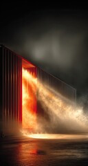 Fire erupts from a shipping container, with water spray extinguishing the flames