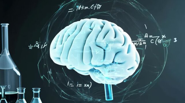 Futuristic brain analysis with scientific calculations and digital data visualization