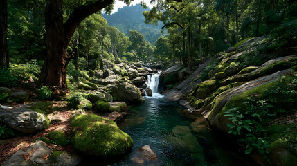Fototapeta premium Serene Forest Stream Flowing Through Lush Greenery and Rocky Terrain