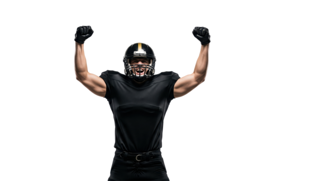 Victory Pose of the American Footballer: Captured in a powerful portrait, a focused American football player in full gear exudes strength and triumph with arms raised in a symbol of hard-won success.