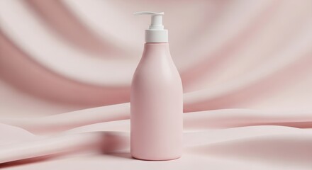 A blank pink cosmetic bottle with a white pump dispenser stands on a soft, draped pink fabric background.