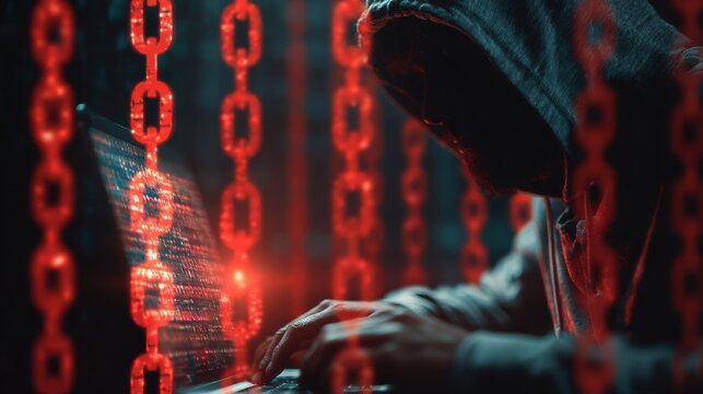 internet security and data protection concept with noface hacker with laptop and digital screen with chain coding numbers and locks double exposure no logos no brands ar 169