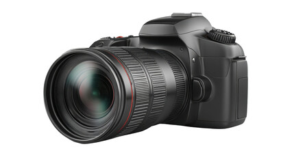 DSLR camera with a zoom lens on a white isolate background.