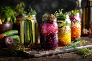 Colorful fermented vegetables in jars