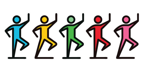 Diverse stick figure group dancing or exercising graphic icon simple artistic representations energetic movement cheerful mood playful design five people line art
