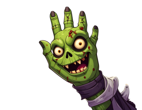 Cartoon Green Zombie Hand with Stitches and Torn Flesh Halloween Illustration PNG