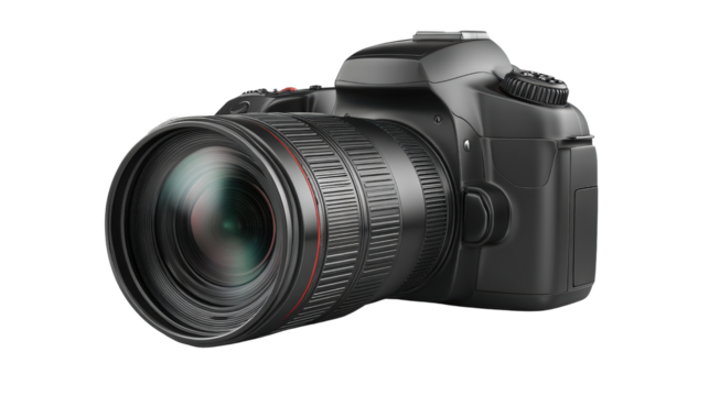 DSLR camera with a zoom lens on a white isolate background.