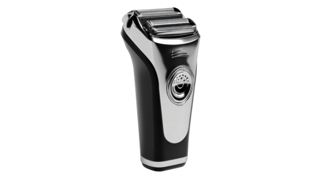 Electric razor for a clean shave, sleek black design with chrome accents, isolated on a white background.