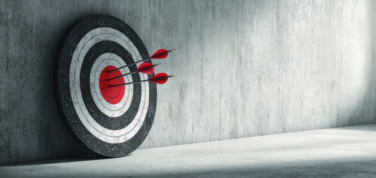 The target with three darts perfectly grouped in bullseye on concrete wall