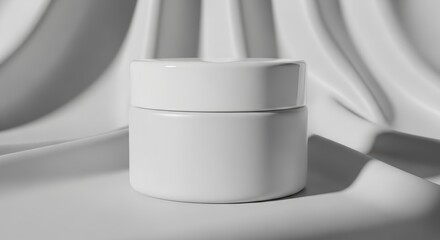 Close-up shot of a white cosmetic jar with a lid, set against a draped background.