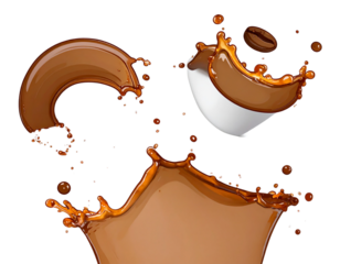  Cartoon-Style Coffee Splash with Exaggerated Droplets, Playful Illustration, Isolated PNG