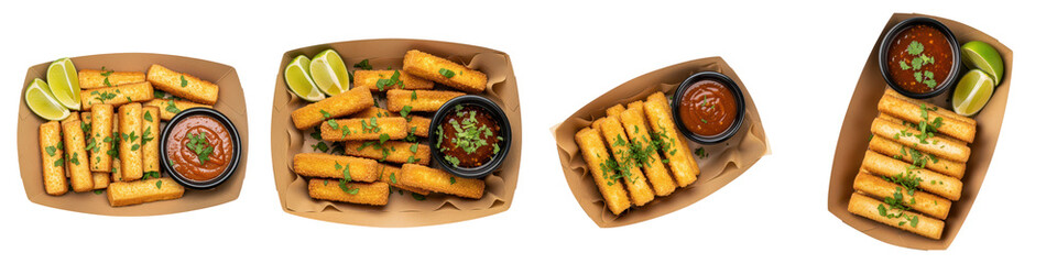 Golden brown crispy fried spring roll with dipping sauce and lime wedge served in paper tray, appetizing snack with fresh herbs