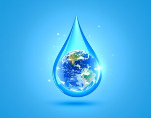 Planet Earth cradled within a single drop of pristine water, symbolizing life and preservation