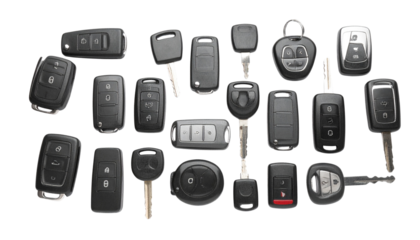 A Variety of Car Keys and Key Fobs Displayed on a White Background