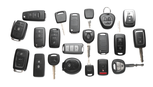 A Variety of Car Keys and Key Fobs Displayed on a White Background