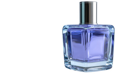 Elegant perfume bottle with purple liquid on a white isolated background.