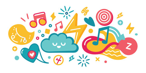 Doodle vector illustration with music notes cloud lightning and sleep symbol bright abstract decorative design suitable for creative projects