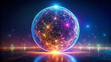 Obraz premium Bright neon 3d sphere in the space. Glowing particle 3d energy orb. Abstract technology, science, neural networks, and artificial intelligence. Virtual assistant concept.