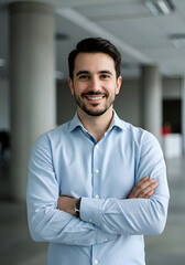 A smiling adult male in a light blue button-up shirt stands with arms crossed in a modern office setting. Mid-adult professional male in a business setting.