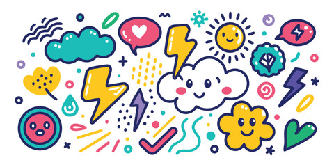 Doodle weather elements set featuring clouds,sun,lightning,and decorative graphics for creative projects and designs