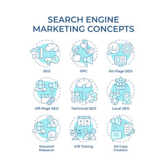 Search engine marketing soft blue concept icons. Customer experience, statistical analysis. Icon pack. Vector images. Round shape illustrations for presentation, infographic. Abstract idea