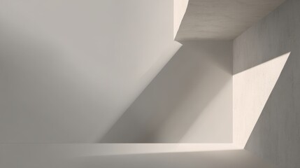Obraz premium Bright sunlight filtering across concrete walls creating sharp shadows, highlighting minimalist architectural lines within spacious, serene interior environment