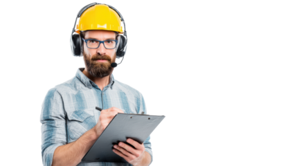 Engineer with headphones holding clipboard, isolated on white background.