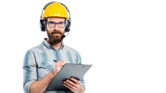 Engineer with headphones holding clipboard, isolated on white background.
