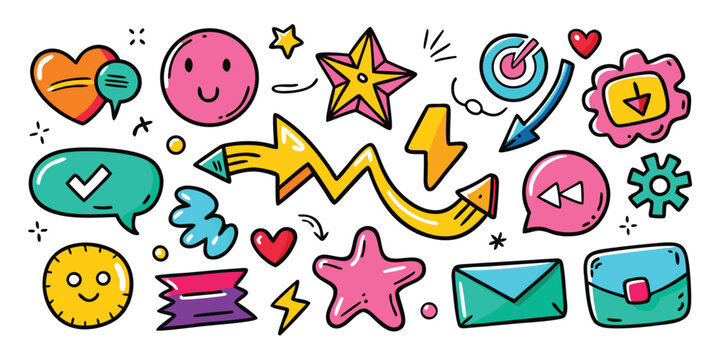Naklejki Fun doodle style icons and elements collection vector graphic isolated on white background for social media platforms