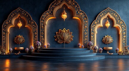 Fototapeta premium Ornate Indian stage with arched doorways, lotus motifs, hanging lanterns and floral arrangements