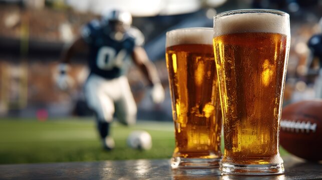 Cold beer glasses resting near football field, player sprinting background, capturing quintessential sports bar atmosphere during game day excitement