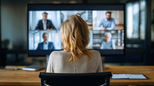 multiethnic business team having discussion in video call rear view of business woman in video conference with boss and his colleagues during online meeting senior woman in video call with partners n - Powered by Adobe