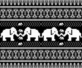 Elephant thai pants seamless pattern with motif element cross stitch black and white background. Design for wallpaper,carpet, clothing, fashion, fabric.
