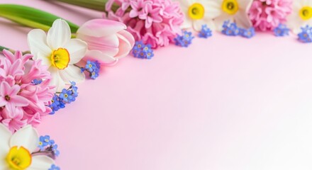 Delicate spring hyacinths and daffodils frame a soft pink background for a beautiful floral arrangement