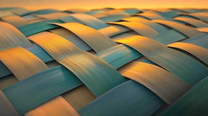 Fototapeta premium A close-up view of a woven textile, showcasing the intricate pattern of intersecting strips in shades of blue, green, and gold.