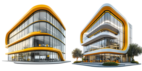 3D modern office building with yellow accents, large glass windows, and sleek curved roof. isolated on a transparent background