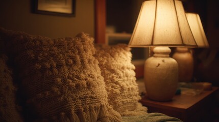 Cozy bedroom scene with pillows and a lamp. Warm lighting and soft textures are evident