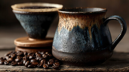 Handcrafted Ceramic Mug and Coffee Beans on Rustic Wooden Surface