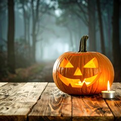 Spooky Halloween pumpkin with candle on a rustic wooden table in a misty forest.