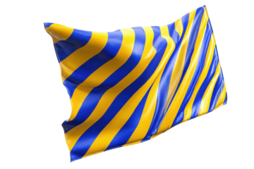 Wavy, flowing flag with diagonal blue and gold stripes, isolated on black background