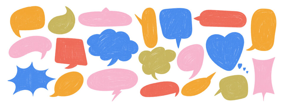 Comic speech bubbles with crayon texture. Hand drawn doodle style talk and thought balloons. Vector set for children design and communication.