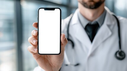 male doctor gp physician holding mobile cell phone in hands looking at white blank empty mockup smartphone screen working in hospital ehealth apps technology mock up concept over shoulder view no log