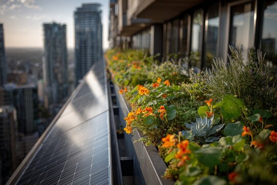 Green roof planters and solar panels with city skyline background