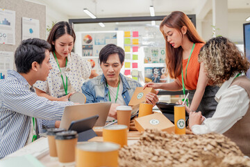 Creative ESG brainstorming session for earth friendly reuse recycle packaging campaign. Team develops viral environmental social impact strategy through sustainable innovation purpose driven marketing