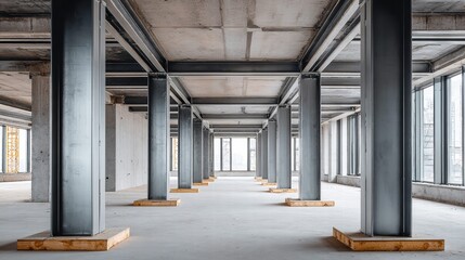 Spacious interior of a building under construction, with concrete pillars and steel beams.
