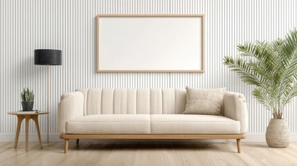 Fototapeta premium Minimalist Living Room Sofa Scene with White Couch Potted Plant and Wall Art